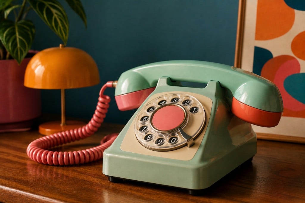 Vintage mint and coral rotary phone on wooden table
