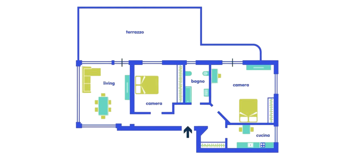 Pianta di Milvio22 Apartment con soggiorno, due camere, cucina, bagno, terrazzo e ingresso